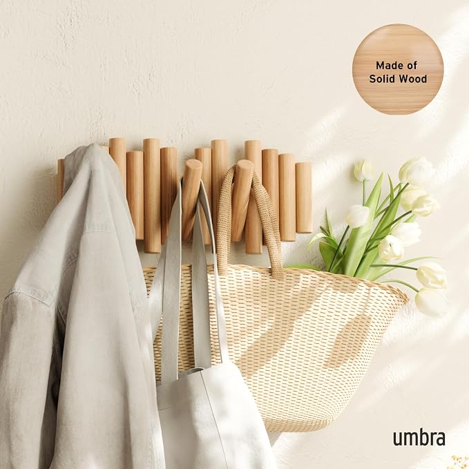 Umbra Picket Coat Rack Wall Mount – 5 Flip-Down Wood Coat Hooks, Modern & - Image 2