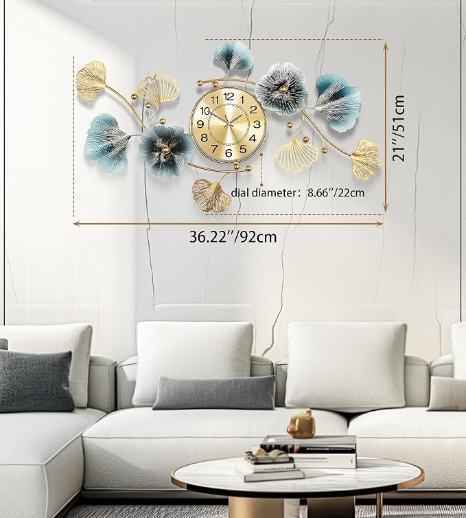 Wall Clocks for Living Room Decor, Large Wall Clock, 3D Creative Metal Ginkgo - Image 3