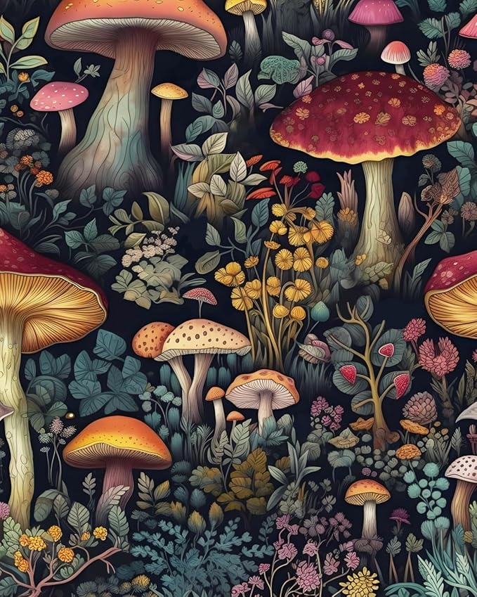 BOKEBEVE Black Colorful Mushroom Contact Paper Floral Wallpaper Peel and Stick by BOKEBEVE
