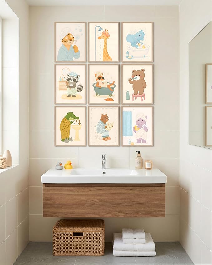 tgguytiy Kids Bathroom Wall Art Set of 9 Cute Animal Bathroom Decor - Image 4