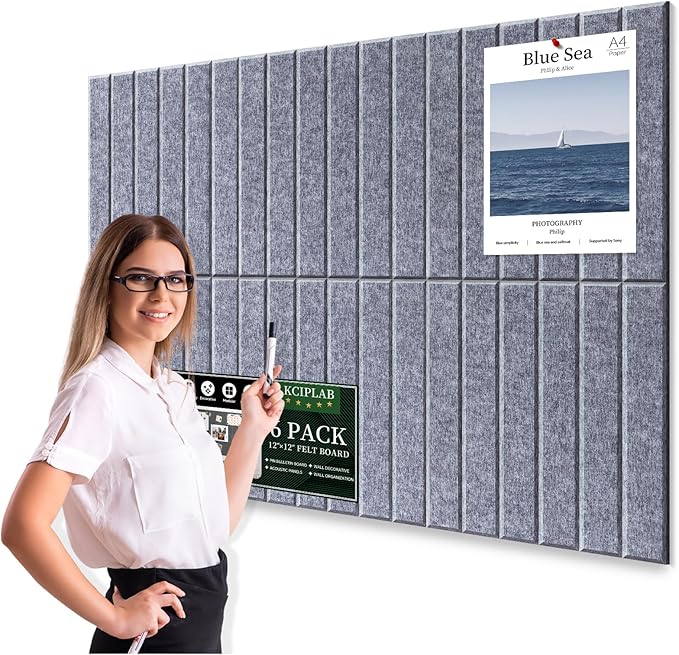 Large Cork Bulletin Board for Wall 36"x24", 6 Pack Felt Slat Wall Panel Tiles by Kciplab