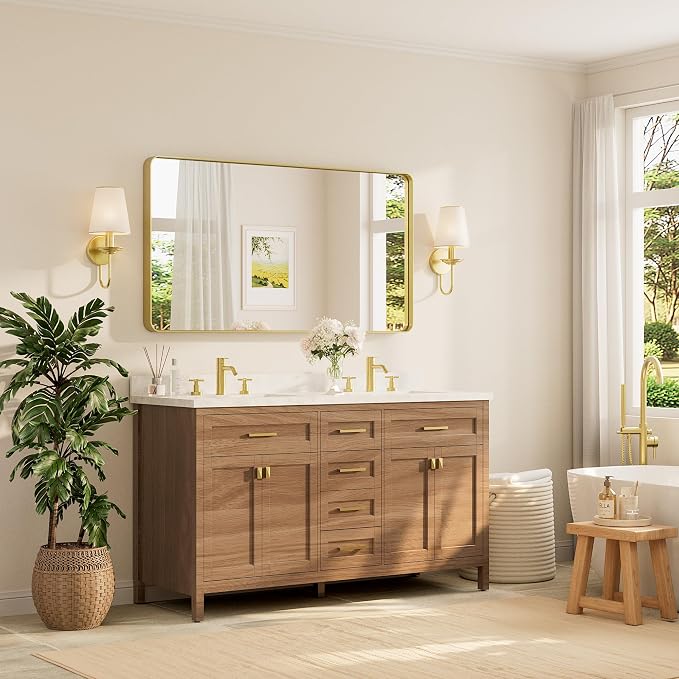 TETOTE 55 x 30 Inch Bathroom Mirror, Brushed Gold Metal Framed Wall Mounted - Image 2
