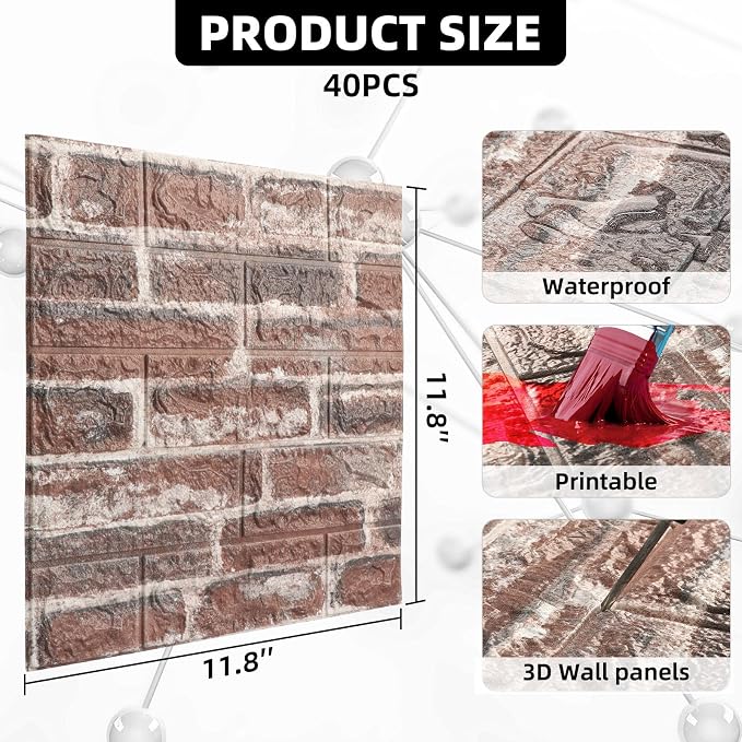 40 PCS 3D Wall Panels Peel and Stick Faux Foam 11.8"*11.8" Red Brick Color - Image 2