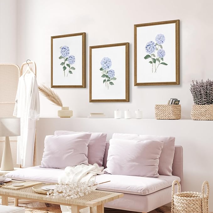 WRFON Blue Hydrangea Framed Wall Art Set of 3, Watercolor Floral Botanical - Image 4
