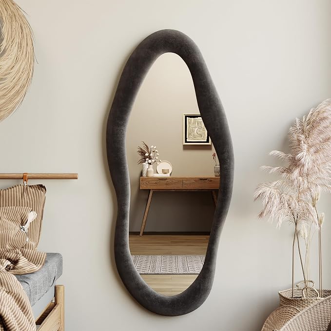 Honyee 55" x 24" Wavy Mirror, Flannel Wrapped Wooden Frame, Irregular Hanging - Image 2