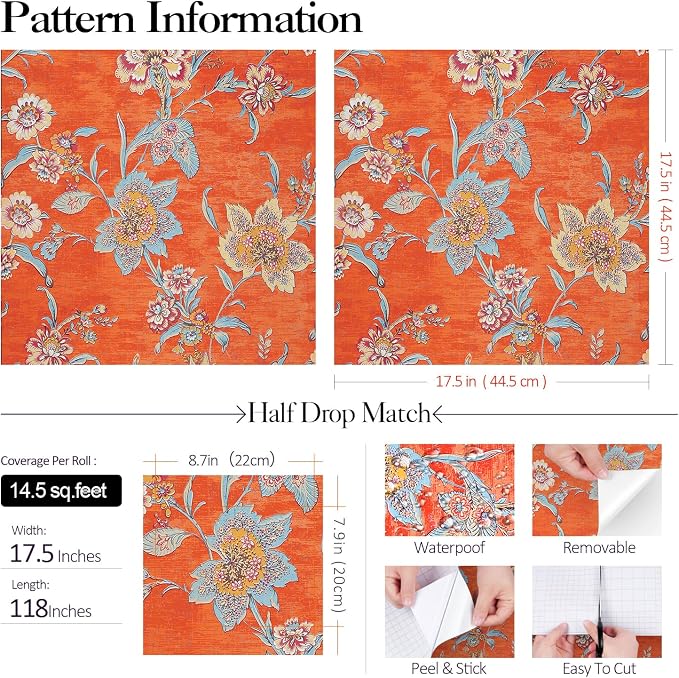 FunStick 17.5"x118" Vintage Floral Peel and Stick Wallpaper Orange Red Wall - Image 7