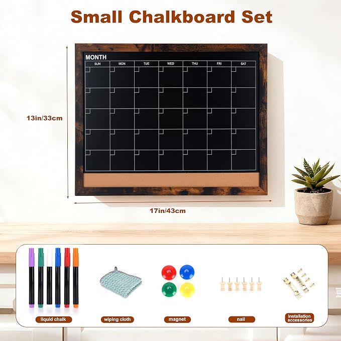 Chalkboard Calendar for Wall, Small Rustic Framed Magnetic Chalkboard & Cork - Image 2