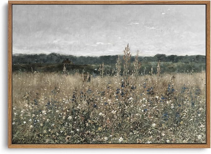 OIQArtOIQ Vintage Framed Wall Art Wildflower Field Meadow Canvas Art Prints by OIQArtOIQ