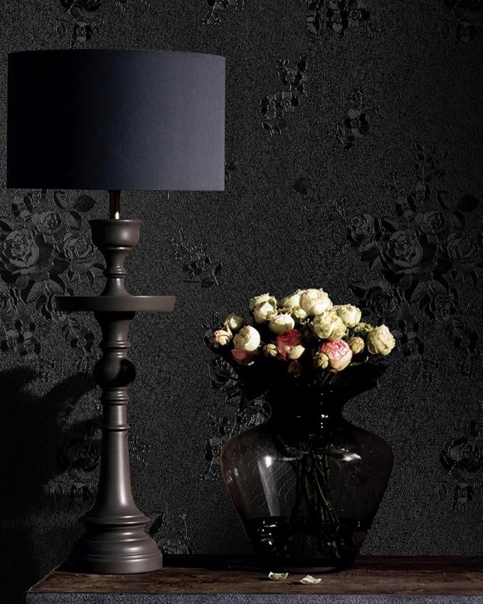 Black Peel and Stick Wallpaper Floral Black Wallpaper 17.7inch x 196.8inch - Image 6