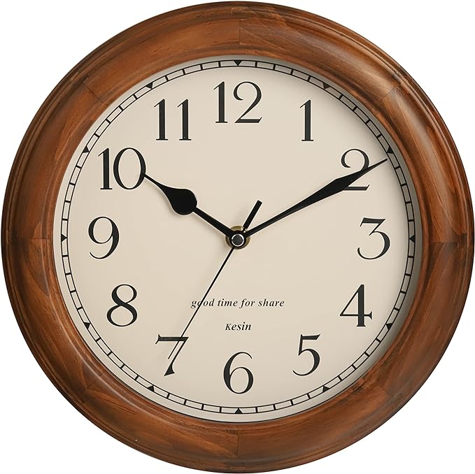 Wooden Wall Clock with Retro Design, 11 Inches Round Wall Clocks Battery by Kesin