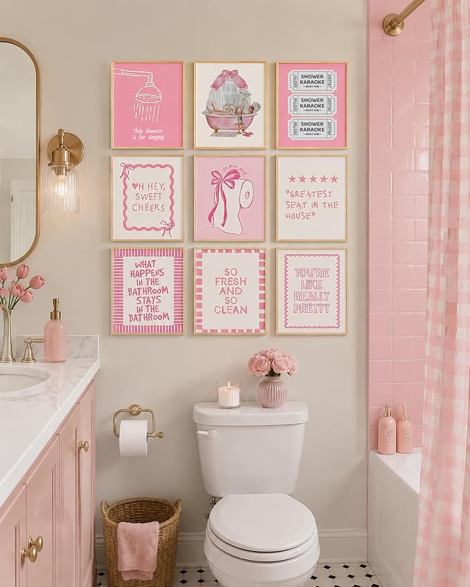 tgguytiy 9Pcs Pink Bow Bathroom Wall Art Prints, Coquette Bowknot Aesthetic - Image 4
