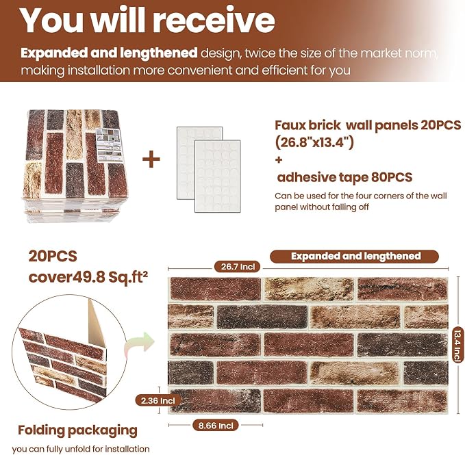 20 PCS 3D Wall Panels Brick Peel and Stick 26.7"x13.4" - Image 3