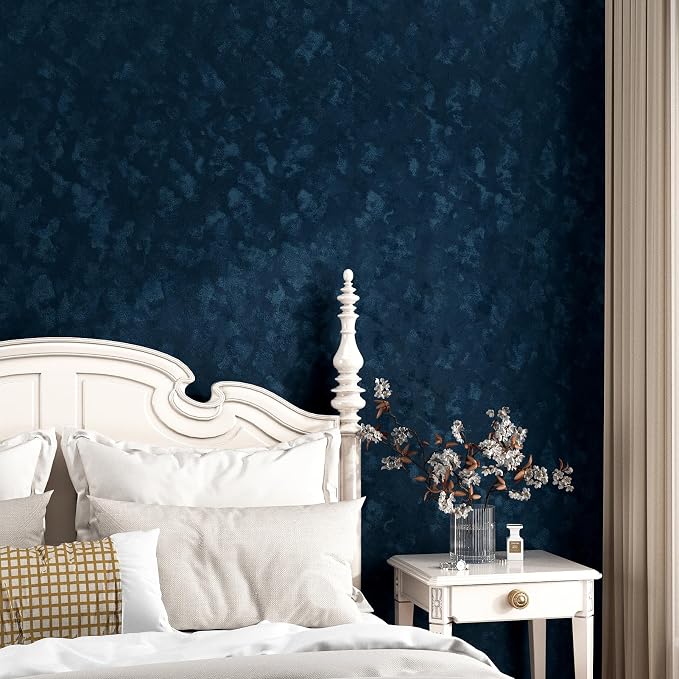Wallercity Blue Velvet Fabric Wallpaper Peel and Stick Floral Blue Flocking - Image 2