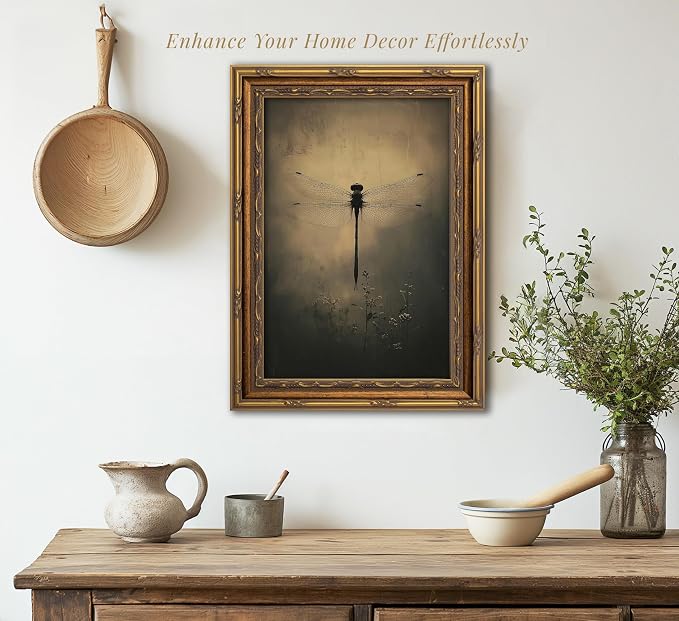 Vintage Gold Framed Wall Art Retro Dark Dragonfly Painting Canvas Prints Gothic - Image 2