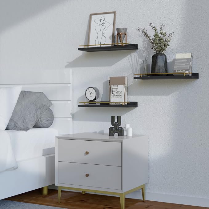 WOPITUES Floating Shelves with Gold Metal Guardrail, Shelves - Image 7