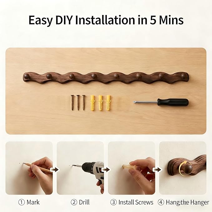 Wood Coat Rack Wall Mount -8 Pack Walnut Coat Hooks - Image 6