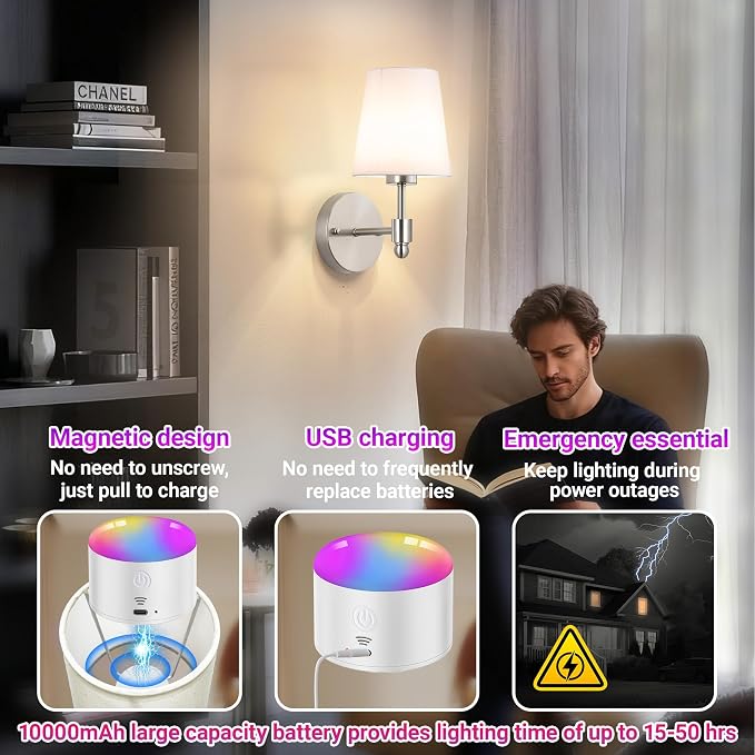 YHCDLAMP Battery Operated Wall Sconces Set of Two, Rechargeable Wireless Wall - Image 5