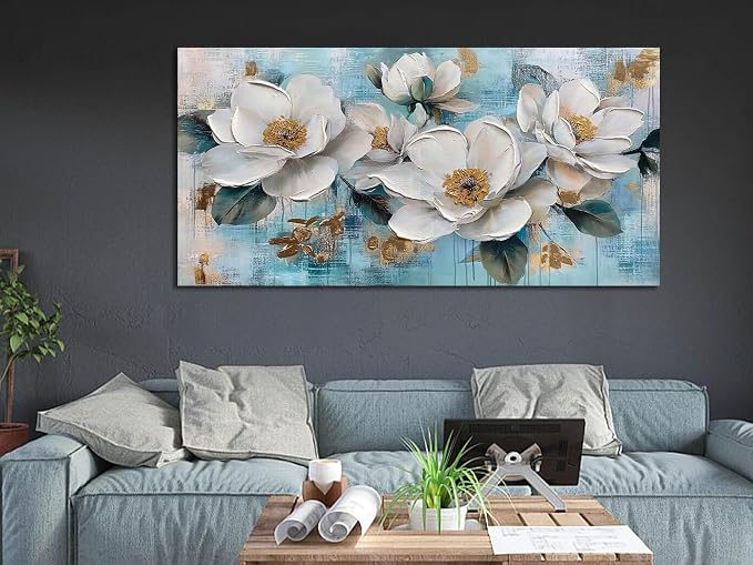 Ardemy Flower Wall Art for Living Room White Floral Canvas Art Wall Decor - Image 2