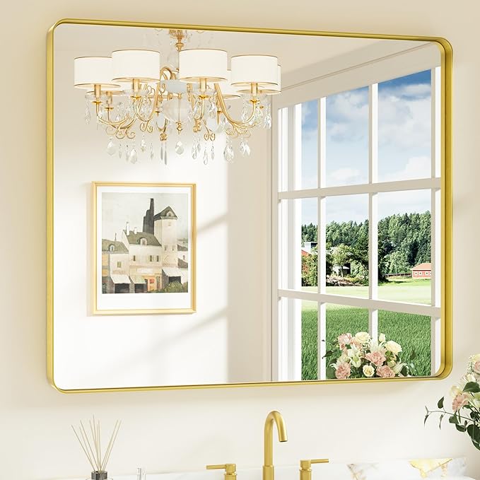 Keonjinn Gold Bathroom Mirrors for Over Sink 42” x 36” Large Brushed Brass by Keonjinn