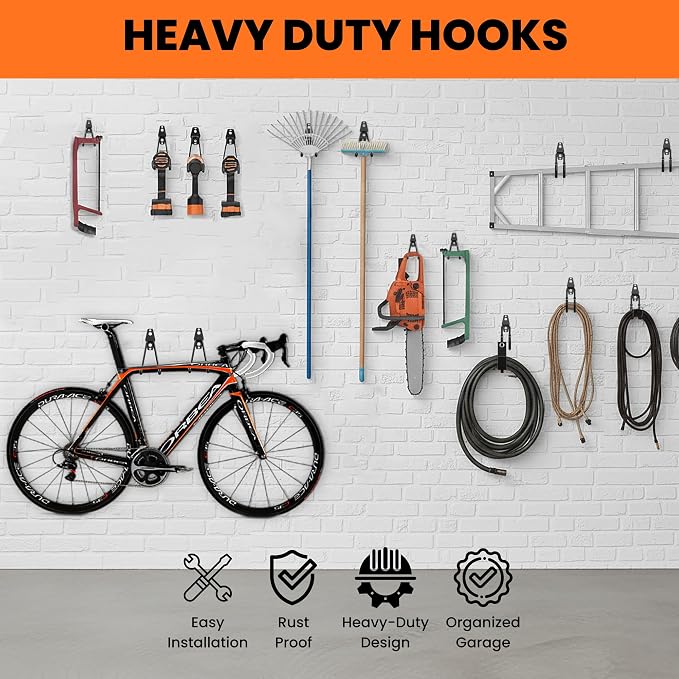 Pack 13 Garage Hooks Heavy Duty | Multi-Sized Wall-Mounted Tool Hangers - Image 8