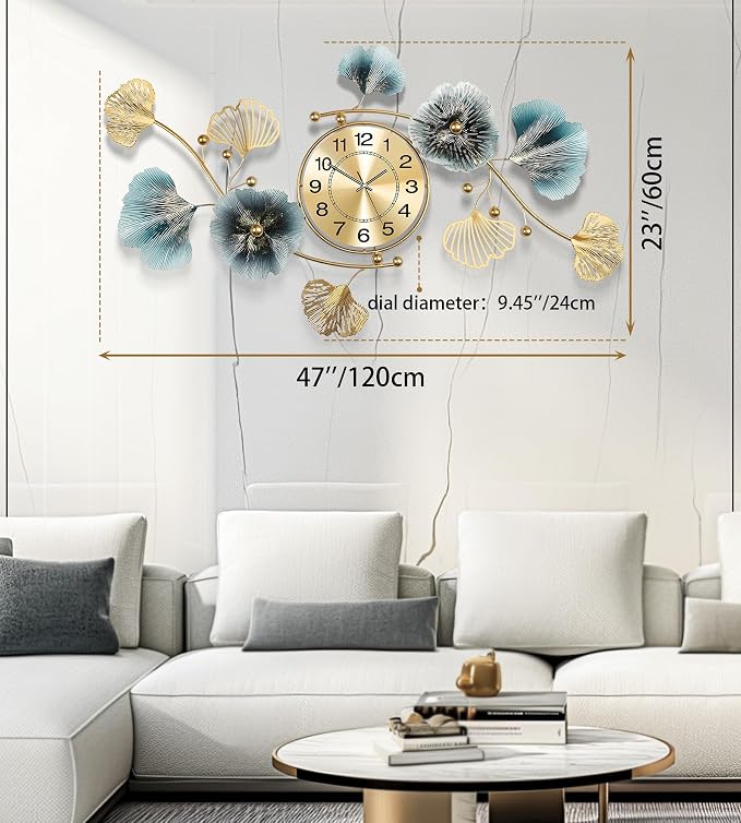 Wall Clocks for Living Room Decor, Large Wall Clock, 3D Creative Metal Ginkgo - Image 2