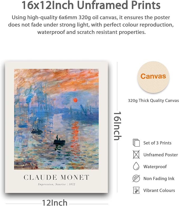 HesenDot Unframed Claude Monet Wall Art Set of 3, 12x16in Water Lilies - Image 2