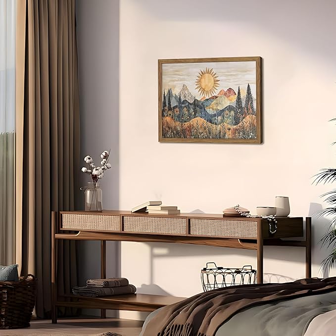 Framed Boho Sun Canvas Wall Art, Modern Abstract Mountain Landscape Painting - Image 2