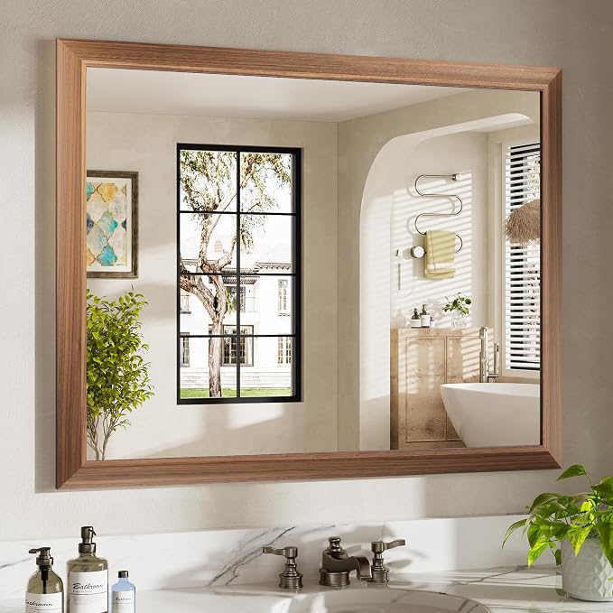 40x32 Inch Bathroom Mirror for Wall, Anti-Rust Walnut Wood Grain Metal Framed by Briivuemodernmirrors