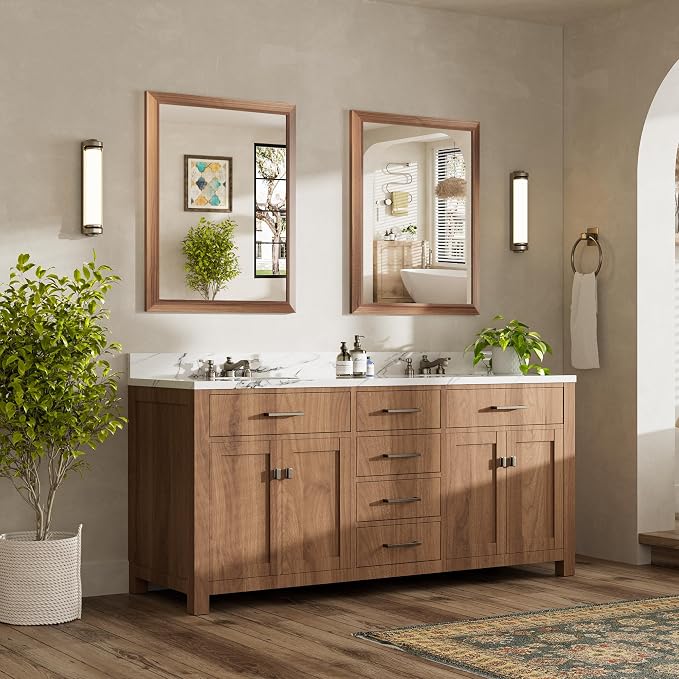 28x36 Inch Bathroom Mirror for Wall, Anti-Rust Walnut Wood Grain Metal Framed - Image 3