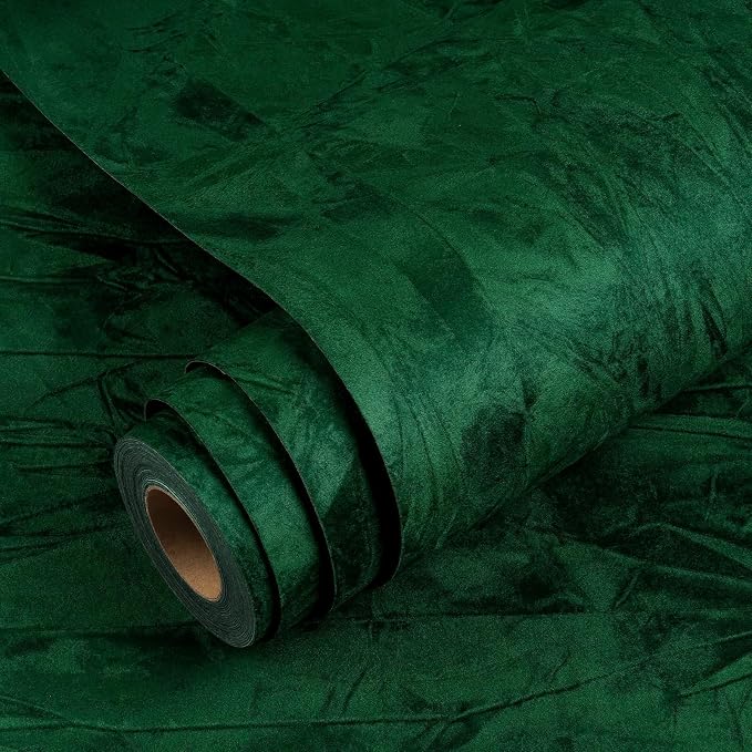 YENHOME 30"X118" Vintage Green Velvet Wallpaper Peel and Stick Dark Green by Yenhome