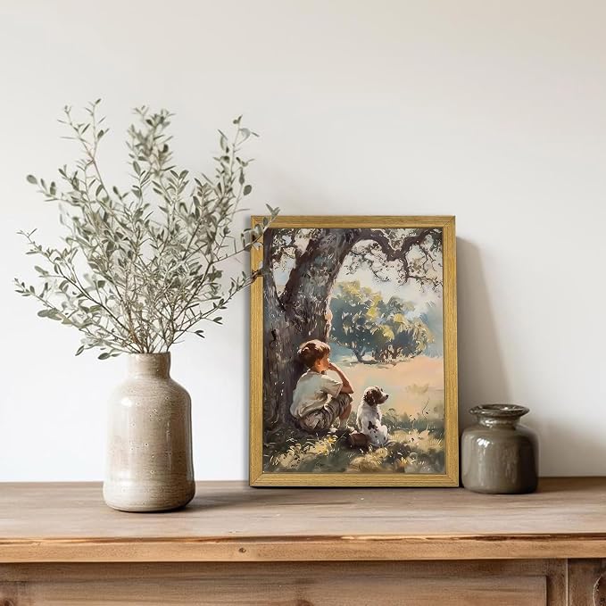 Wood Framed Canvas Wall Art, Vintage Boy and Dog Painting Poster, Countryside - Image 2