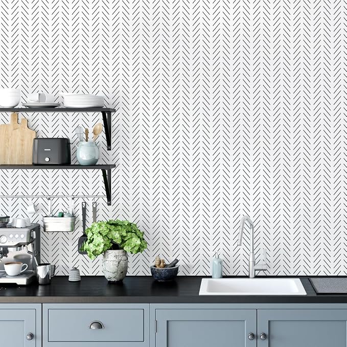 Erfoni Black and White Peel and Stick Wallpaper Modern Herringbone Contact - Image 3