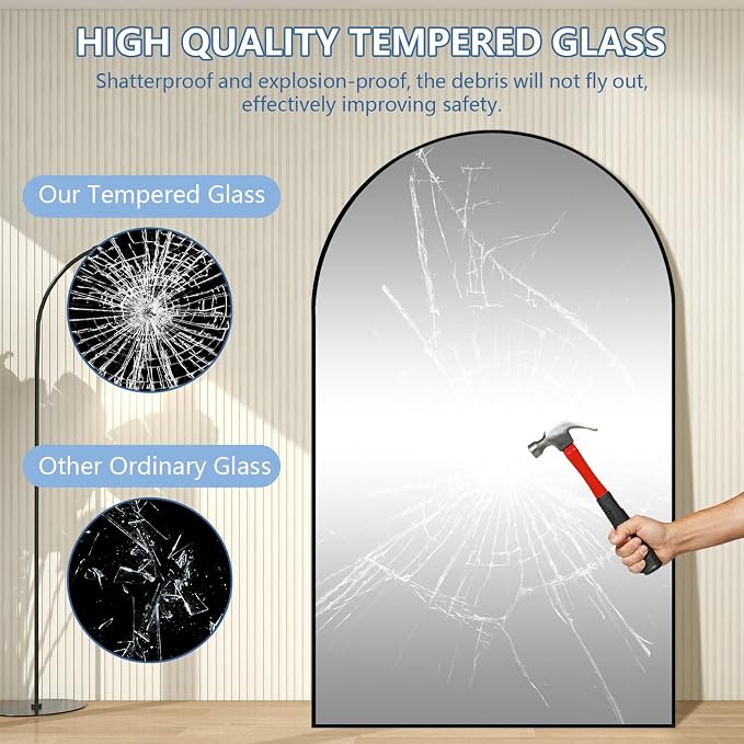 Arched Full Length Mirror, Tempered Glass Large Free Standing Mirror - Image 8