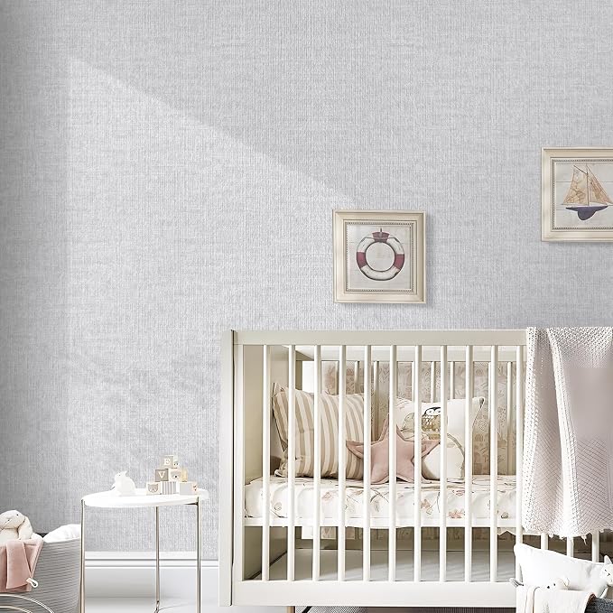 Grasscloth Peel and Stick Wallpaper, Light Grey Vintage Textured Faux Linen - Image 4