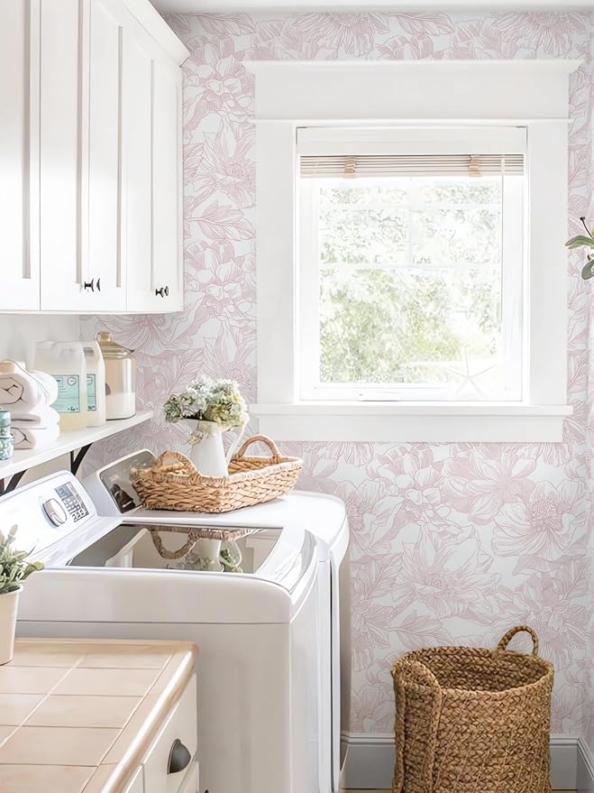 Ismoon Large Floral Peel and Stick Wallpaper Boho White/Pink Contact Paper - Image 6