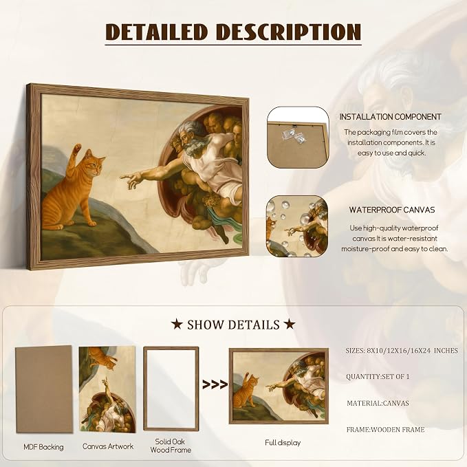 Framed Vintage Cat Canvas Wall Art, Funny Orange Cat Parody Classic Masterpiece - Image 5
