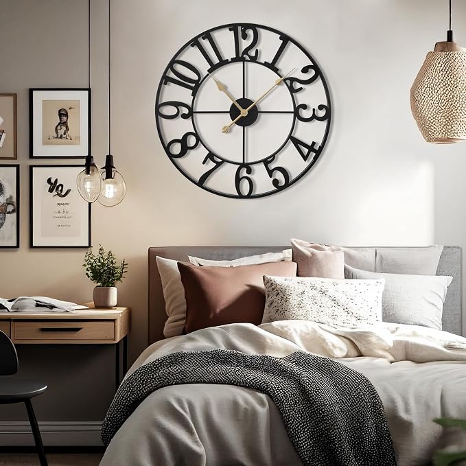 LEIKE Large Wall Clock, Battery Operated, Decorative Retro Black Metal Clock - Image 7