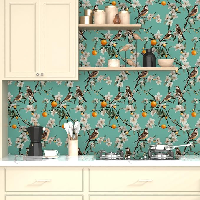 Teal White Bird Floral Wallpaper Peel and Stick, Fresh Orange Tree Contact Paper - Image 2