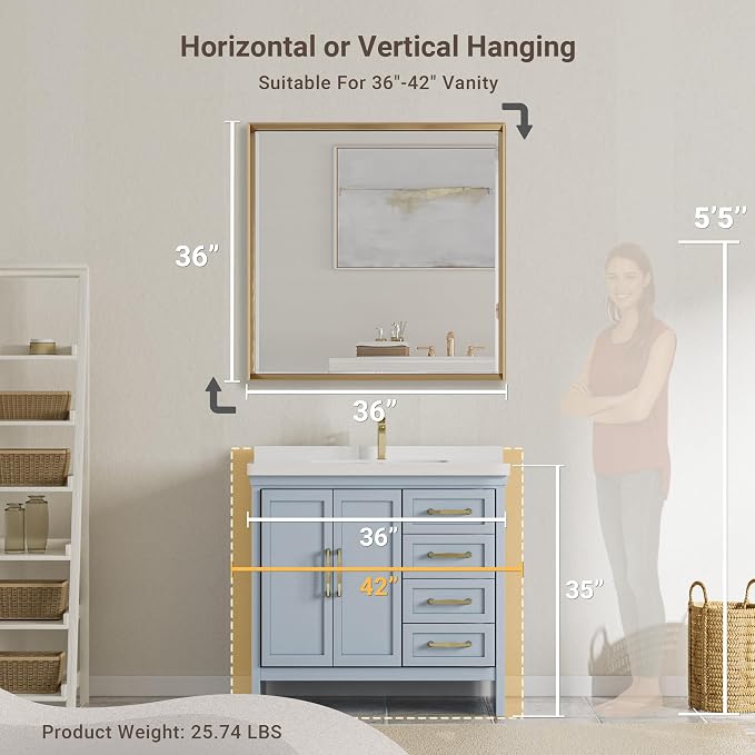 Gold Bathroom Mirror 36x36 Inch Square Beveled Bathroom Vanity Mirror Brushed - Image 6
