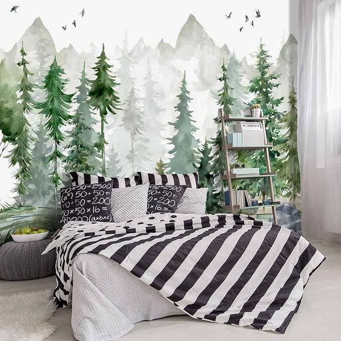 -Green Cartoon Pine Forest Nursery Fabric Wallpaper by YIHWM-PurchaseNow