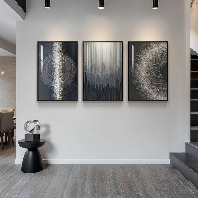 Large Framed Black Silver Modern Abstract Wall Art - Image 4