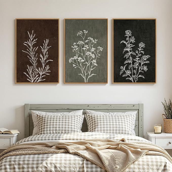 Framed Boho Botanical Wall Art for Living Room, 3 Piece Rustic Floral Canvas - Image 3