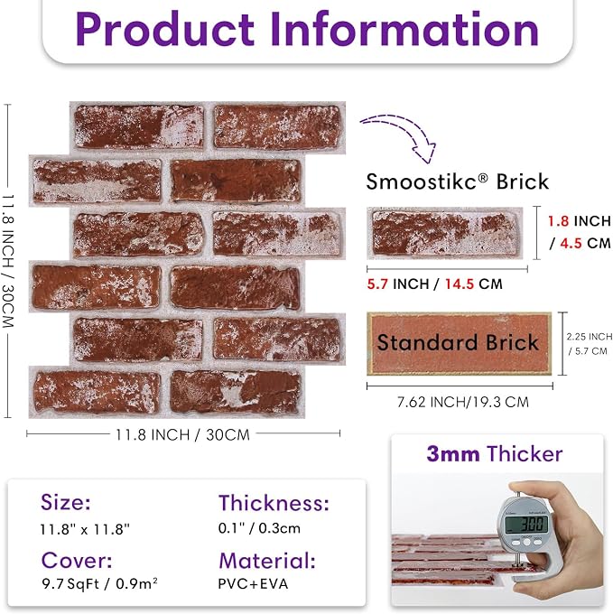 3D Peel and Stick Faux Brick Wall Panels 11.8" x 11.8" 10-Pack, Small - Image 3