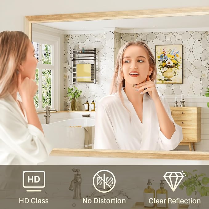 40x36 Inch Bathroom Mirror for Wall, Anti-Rust Oak Wood Grain Metal Framed - Image 7