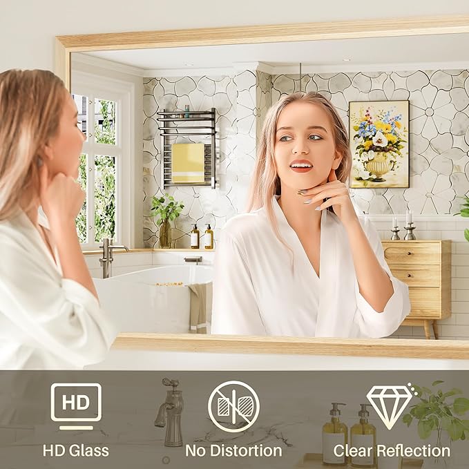 55x36 Inch Bathroom Mirror for Wall, Anti-Rust Oak Wood Grain Metal Framed - Image 6
