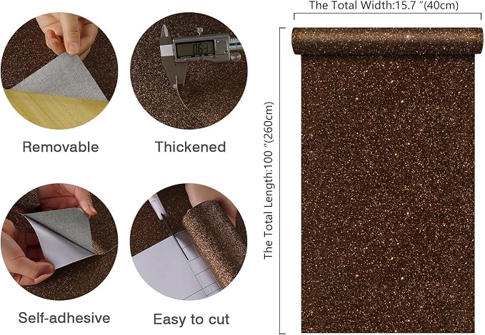 CHIHUT Dark Brown Glitter Peel and Stick Wallpaper Brown Glitter Contact Paper - Image 2