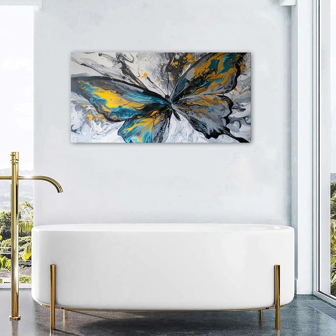 Abstract Butterfly Wall Art Teal Grey Yellow Butterfly Wall Decor Modern Marble - Image 5