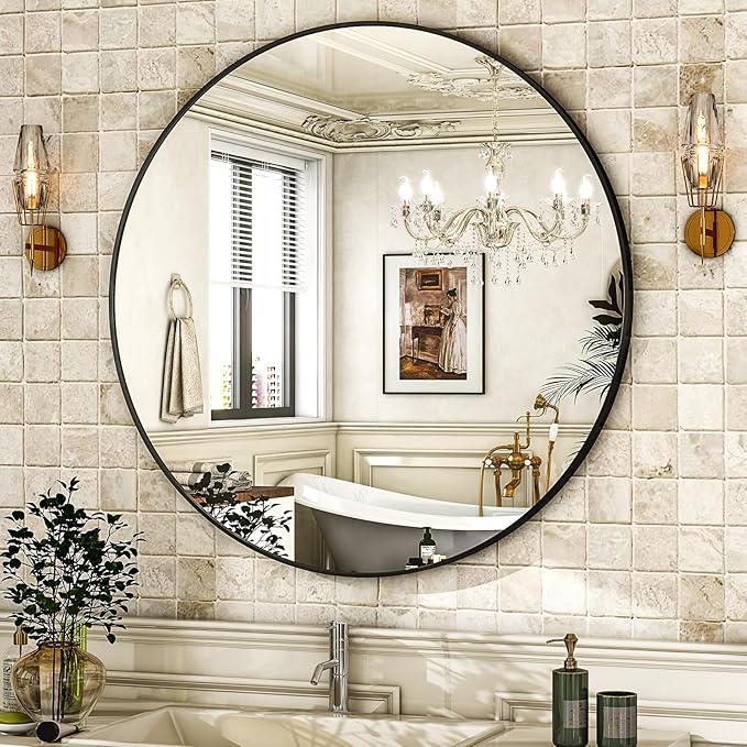 HARRITPURE Round Mirror 24 Black Wall Mounted Circle Mirrors Vanity Mirror - Image 2