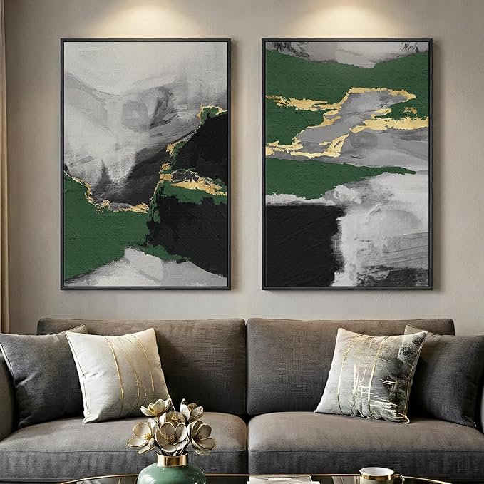 Large Framed Green Abstract Wall Art, 2 Piece Modern Canvas Prints Paintings by Cuspin