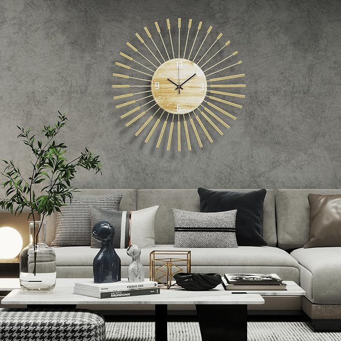 23.6 inch Gold Starburst Wall Clock, Metal & Wood Mid Century Modern Decorative - Image 3
